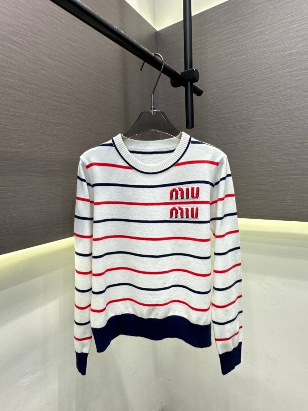 Miu Miu Long-Sleeve Shirt with Jacquard Lettering, Stripes, and Color-Blocking